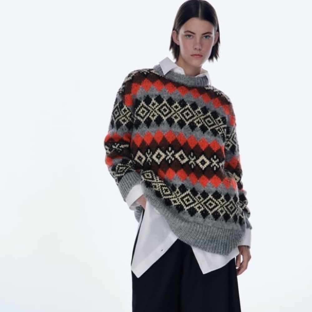 Zara OVERSIZED JACQUARD KNIT SWEATER